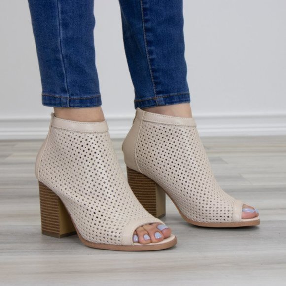 Off White Perforated Heeled Open Toe Ankle Boots - Picture 2 of 8